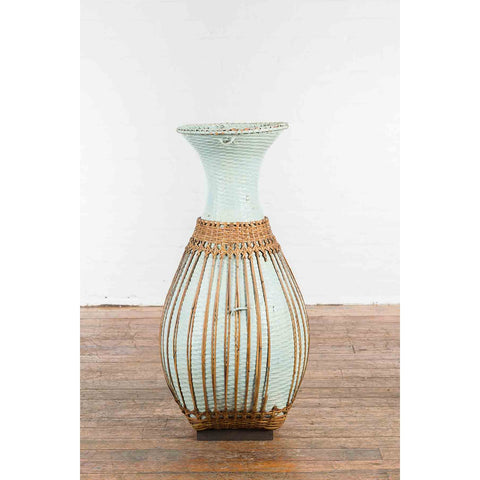 Large Vintage Chinese Woven Rattan Basket of Teal and Natural Color on Base-YN7357-12. Asian & Chinese Furniture, Art, Antiques, Vintage Home Décor for sale at FEA Home