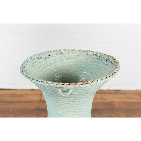 Large Vintage Chinese Woven Rattan Basket of Teal and Natural Color on Base-YN7357-13. Asian & Chinese Furniture, Art, Antiques, Vintage Home Décor for sale at FEA Home