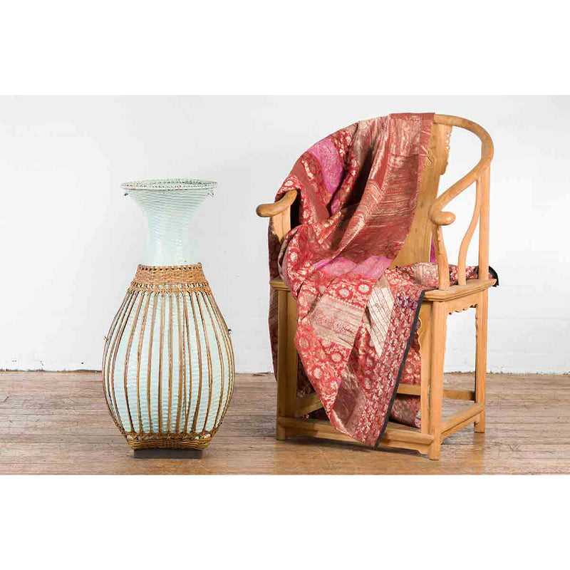 Large Vintage Chinese Woven Rattan Basket of Teal and Natural Color on Base-YN7357-3. Asian & Chinese Furniture, Art, Antiques, Vintage Home Décor for sale at FEA Home
