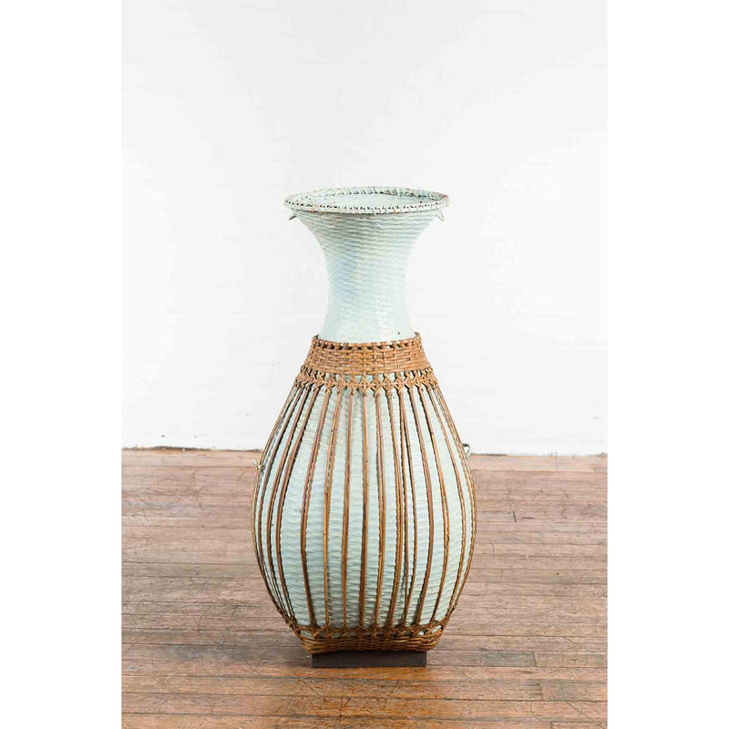 Large Vintage Chinese Woven Rattan Basket of Teal and Natural Color on Base-YN7357-4. Asian & Chinese Furniture, Art, Antiques, Vintage Home Décor for sale at FEA Home