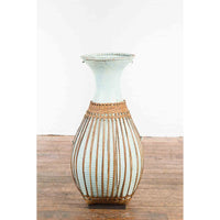 Large Vintage Chinese Woven Rattan Basket of Teal and Natural Color on Base