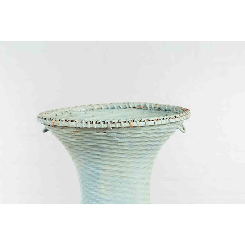 Large Vintage Chinese Woven Rattan Basket of Teal and Natural Color on Base-YN7357-7. Asian & Chinese Furniture, Art, Antiques, Vintage Home Décor for sale at FEA Home