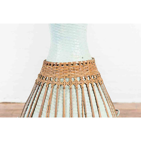 Large Vintage Chinese Woven Rattan Basket of Teal and Natural Color on Base-YN7357-8. Asian & Chinese Furniture, Art, Antiques, Vintage Home Décor for sale at FEA Home