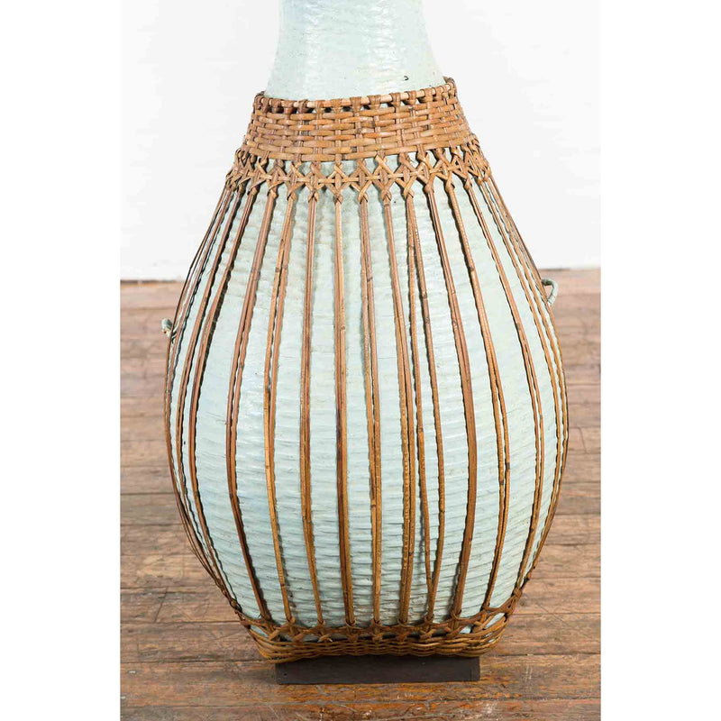 Large Vintage Chinese Woven Rattan Basket of Teal and Natural Color on Base-YN7357-9. Asian & Chinese Furniture, Art, Antiques, Vintage Home Décor for sale at FEA Home