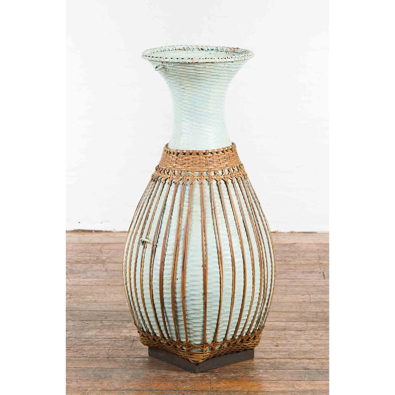 Large Vintage Chinese Woven Rattan Basket of Teal and Natural Color on Base-YN7357-2. Asian & Chinese Furniture, Art, Antiques, Vintage Home Décor for sale at FEA Home