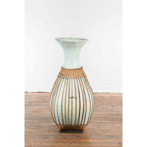 Large Vintage Chinese Woven Rattan Basket of Teal and Natural Color on Base-YN7357-10. Asian & Chinese Furniture, Art, Antiques, Vintage Home Décor for sale at FEA Home