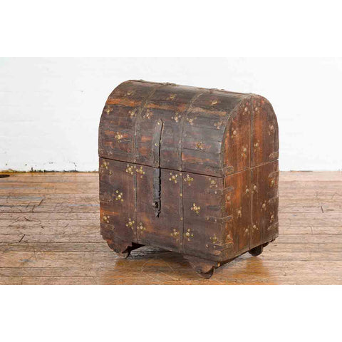 19th Century Indian Wooden Treasure Chest with Dome Top and Gilt Metal Rosettes-YN7358-6. Asian & Chinese Furniture, Art, Antiques, Vintage Home Décor for sale at FEA Home