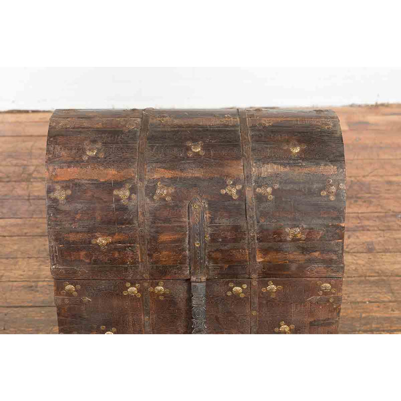 19th Century Indian Wooden Treasure Chest with Dome Top and Gilt Metal Rosettes-YN7358-7. Asian & Chinese Furniture, Art, Antiques, Vintage Home Décor for sale at FEA Home
