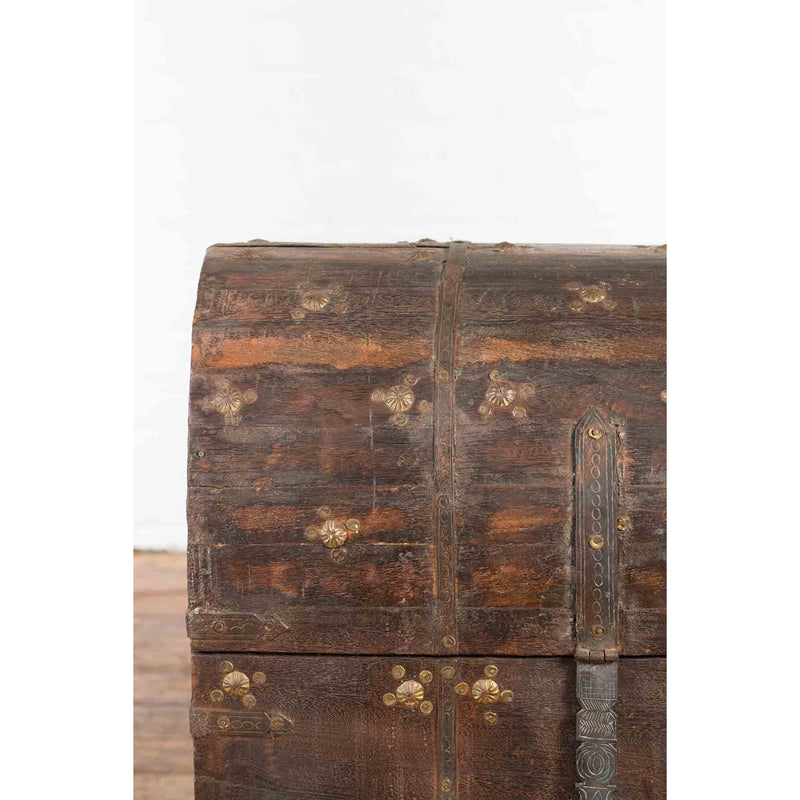 19th Century Indian Wooden Treasure Chest with Dome Top and Gilt Metal Rosettes-YN7358-9. Asian & Chinese Furniture, Art, Antiques, Vintage Home Décor for sale at FEA Home