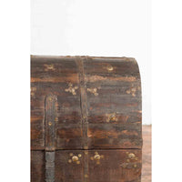 19th Century Indian Wooden Treasure Chest with Dome Top and Gilt Metal Rosettes