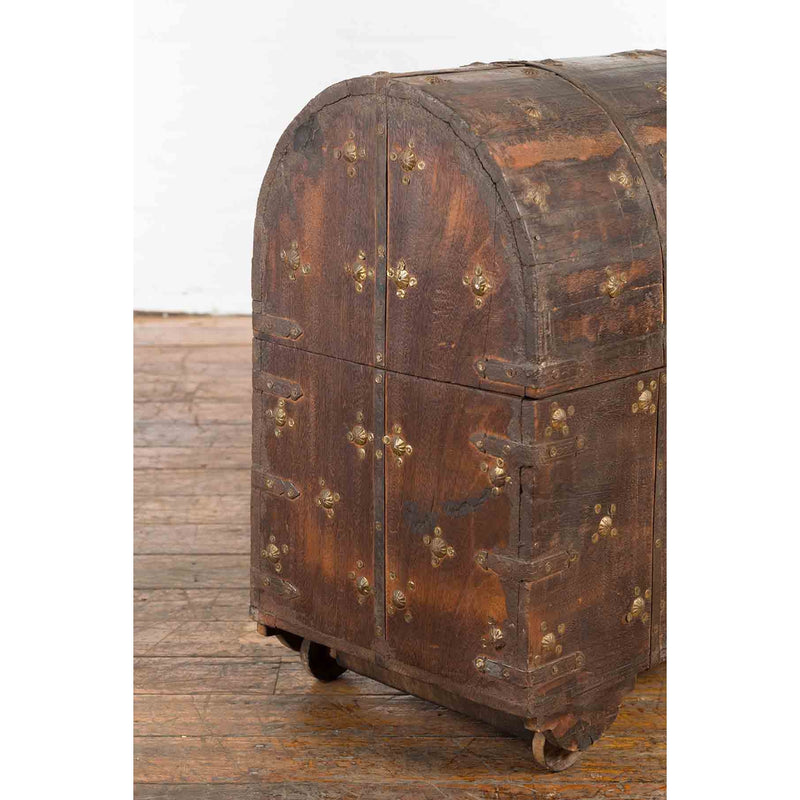 19th Century Indian Wooden Treasure Chest with Dome Top and Gilt Metal Rosettes-YN7358-12. Asian & Chinese Furniture, Art, Antiques, Vintage Home Décor for sale at FEA Home