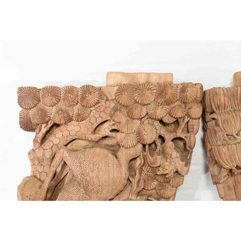 Pair of Qing Dynasty Hand-Carved Wooden Temple Corbels with Deer Motifs-YN7360-13. Asian & Chinese Furniture, Art, Antiques, Vintage Home Décor for sale at FEA Home