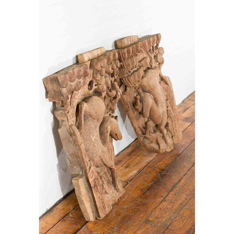 Pair of Qing Dynasty Hand-Carved Wooden Temple Corbels with Deer Motifs-YN7360-15. Asian & Chinese Furniture, Art, Antiques, Vintage Home Décor for sale at FEA Home
