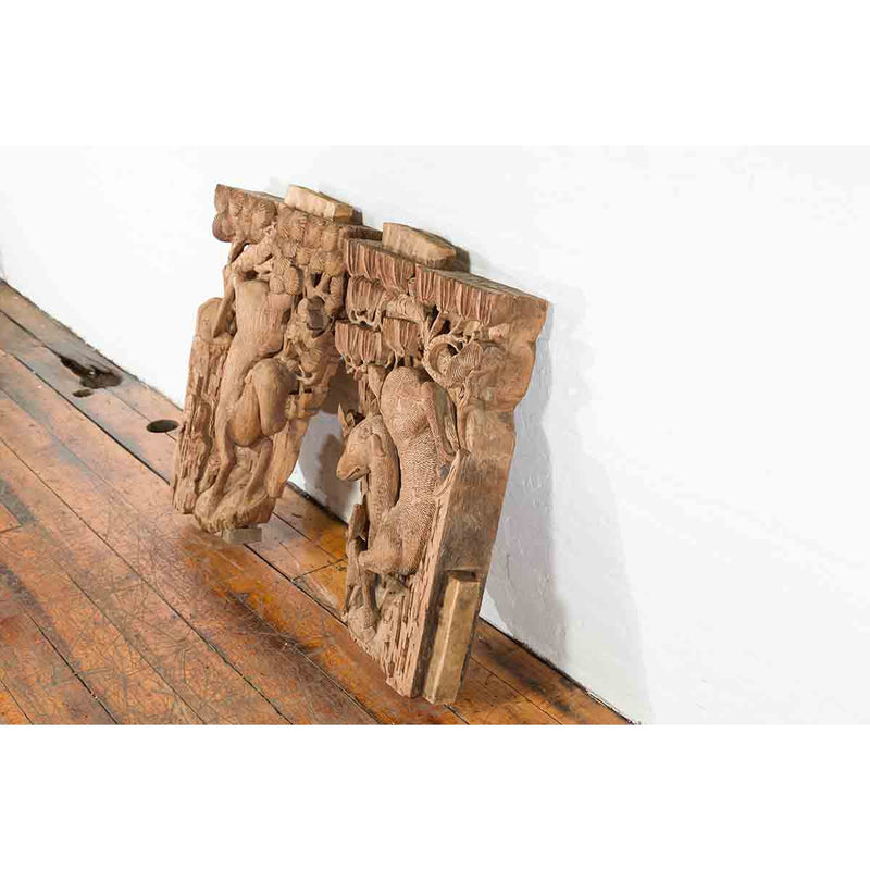 Pair of Qing Dynasty Hand-Carved Wooden Temple Corbels with Deer Motifs-YN7360-16. Asian & Chinese Furniture, Art, Antiques, Vintage Home Décor for sale at FEA Home