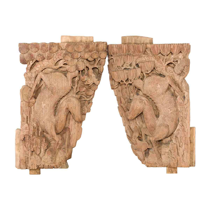 Pair of Qing Dynasty Hand-Carved Wooden Temple Corbels with Deer Motifs-YN7360-3. Asian & Chinese Furniture, Art, Antiques, Vintage Home Décor for sale at FEA Home