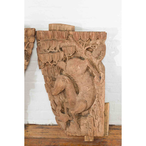 Pair of Qing Dynasty Hand-Carved Wooden Temple Corbels with Deer Motifs-YN7360-6. Asian & Chinese Furniture, Art, Antiques, Vintage Home Décor for sale at FEA Home