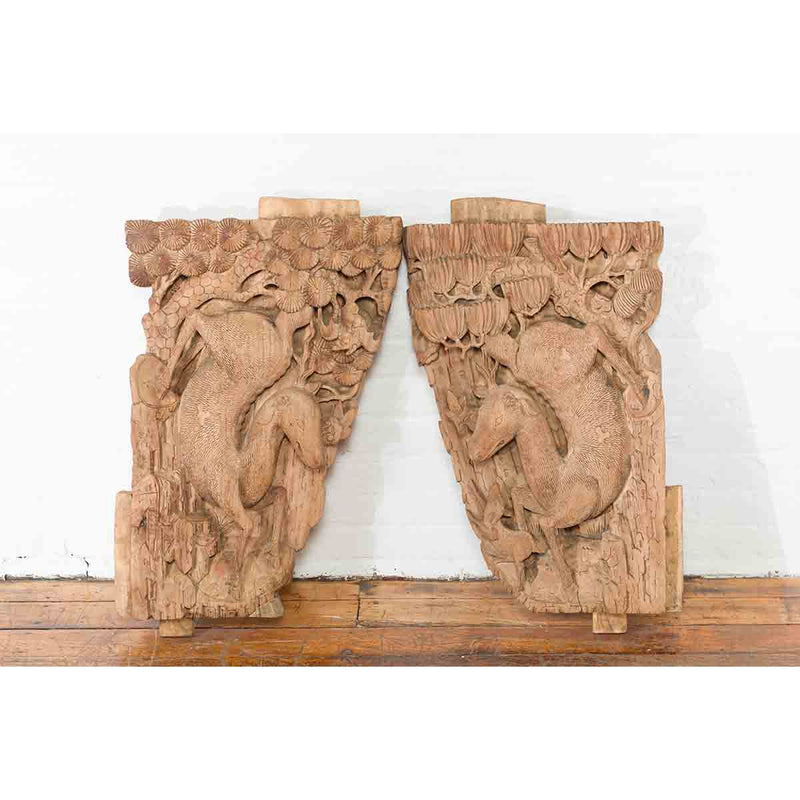 Pair of Qing Dynasty Hand-Carved Wooden Temple Corbels with Deer Motifs-YN7360-2. Asian & Chinese Furniture, Art, Antiques, Vintage Home Décor for sale at FEA Home