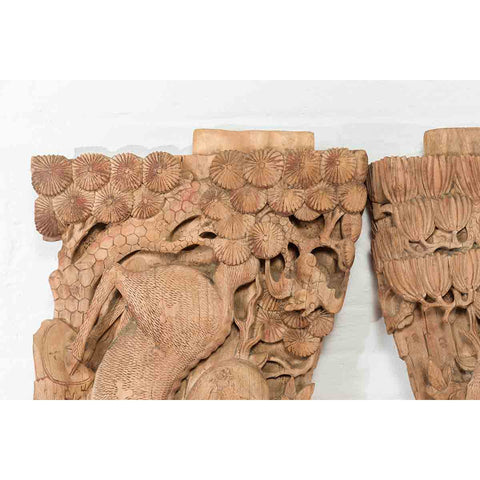 Pair of Qing Dynasty Hand-Carved Wooden Temple Corbels with Deer Motifs-YN7360-8. Asian & Chinese Furniture, Art, Antiques, Vintage Home Décor for sale at FEA Home