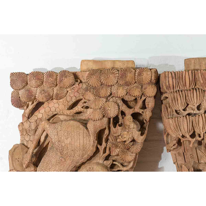 Pair of Qing Dynasty Hand-Carved Wooden Temple Corbels with Deer Motifs-YN7360-11. Asian & Chinese Furniture, Art, Antiques, Vintage Home Décor for sale at FEA Home