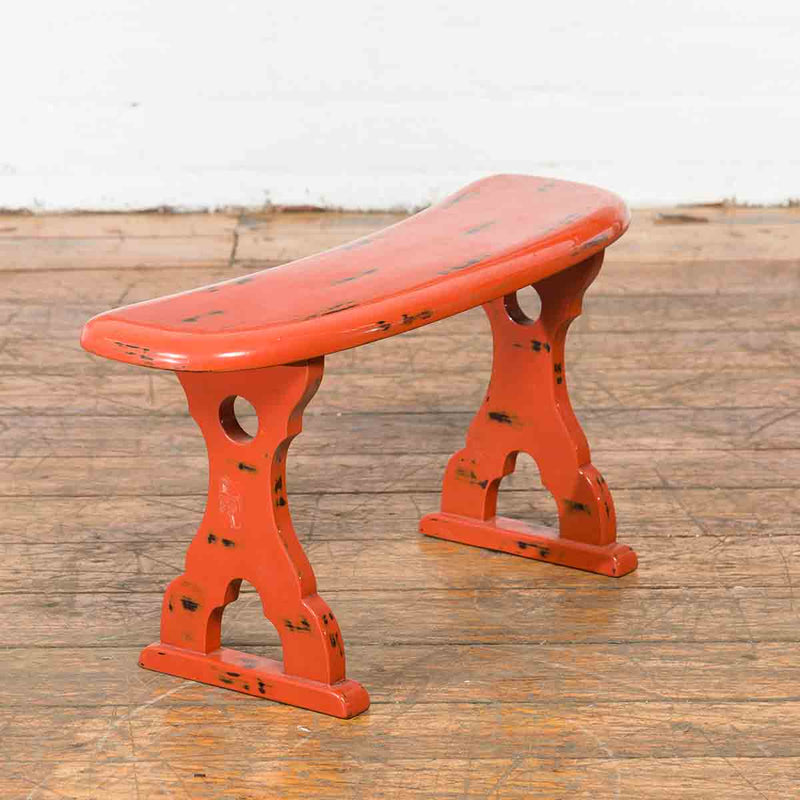 Japanese Taish0 Period Negora Lacquer Arm Stool with Cinnabar Color