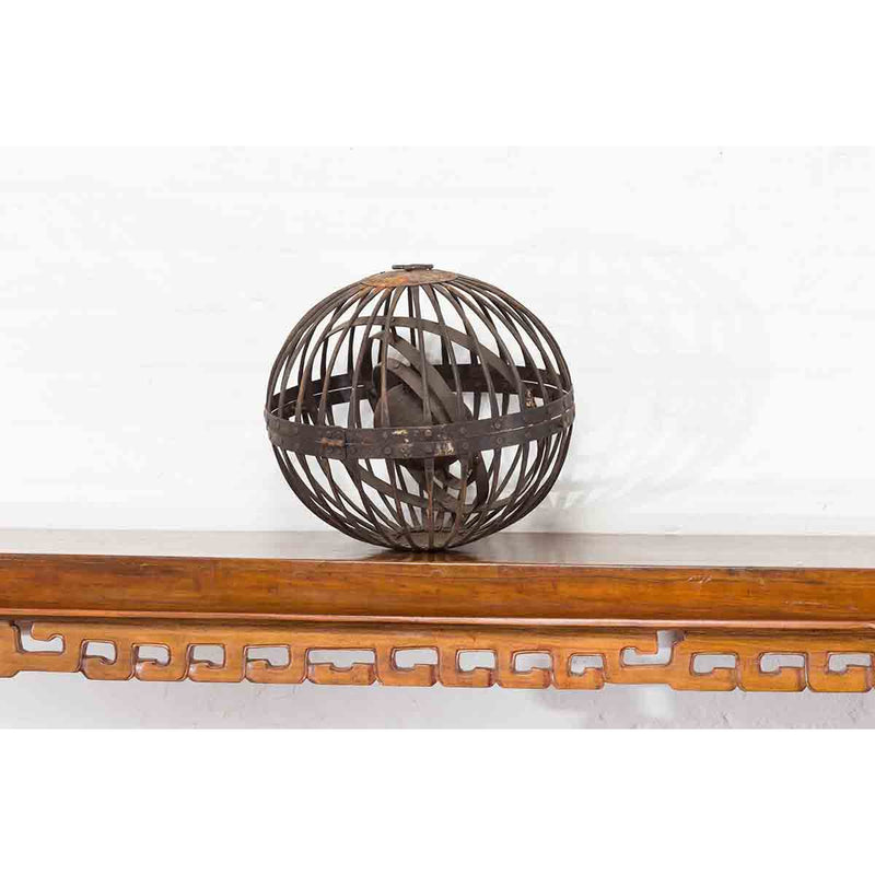 Indian Vintage Spherical Iron Light Fixture with Concentric Rings and Patina-YN7365-3. Asian & Chinese Furniture, Art, Antiques, Vintage Home Décor for sale at FEA Home