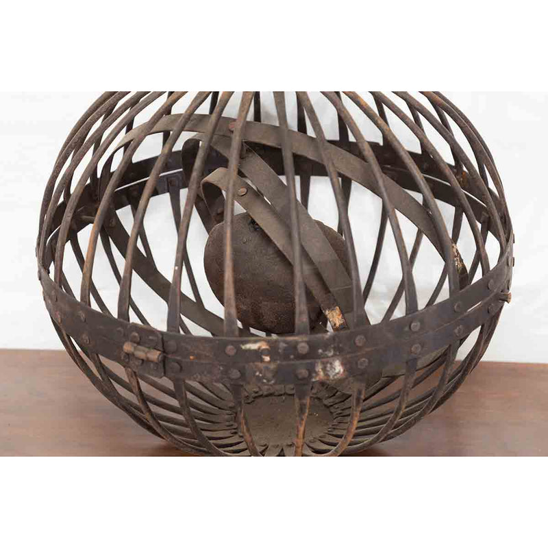 Indian Vintage Spherical Iron Light Fixture with Concentric Rings and Patina
