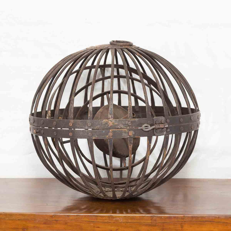 Indian Vintage Spherical Iron Light Fixture with Concentric Rings and Patina-YN7365-2. Asian & Chinese Furniture, Art, Antiques, Vintage Home Décor for sale at FEA Home