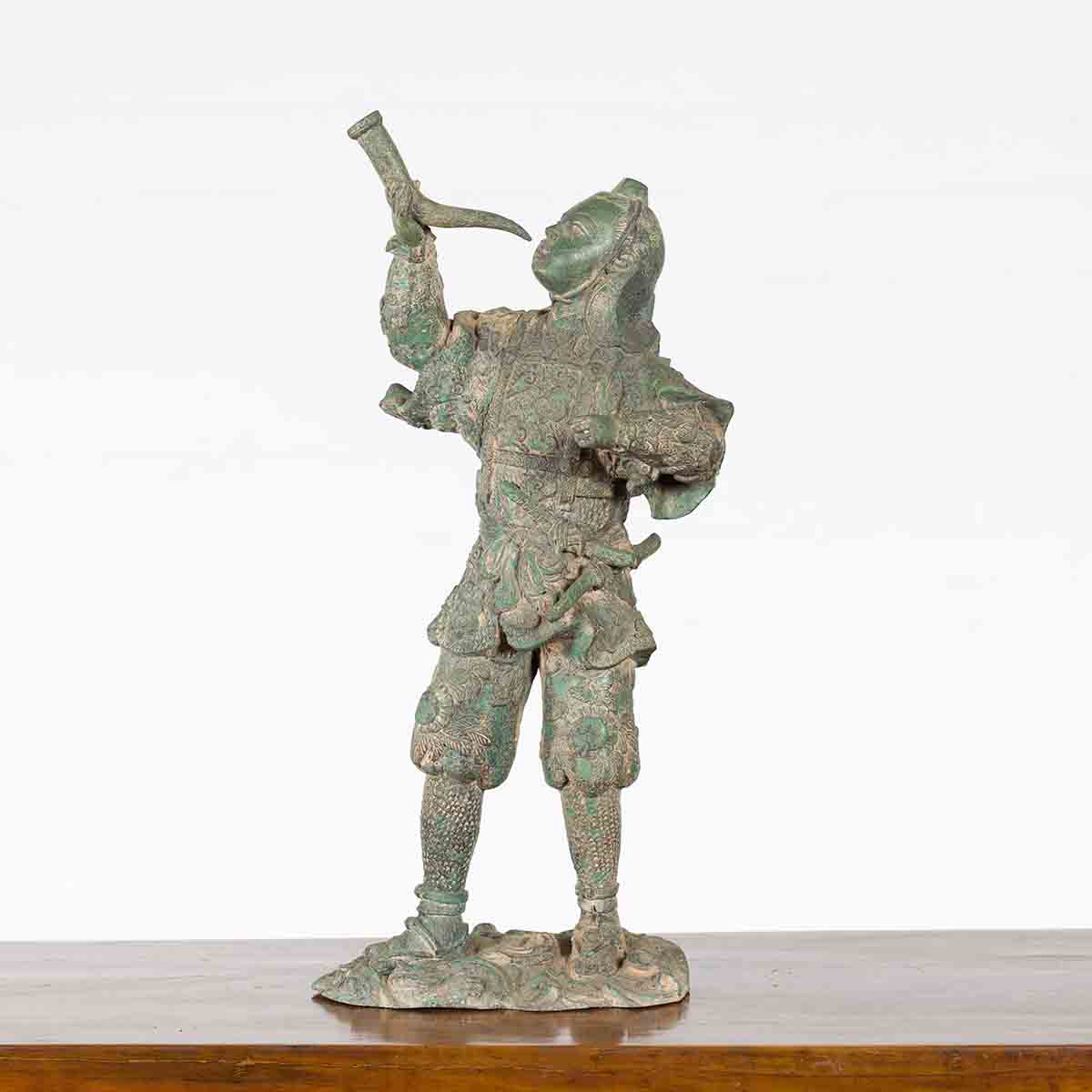Vintage Lost Wax Cast Verde Bronze Statuette of a Soldier Holding a Horn-1. Asian & Chinese Furniture, Art, Antiques, Vintage Home Décor for sale at FEA Home