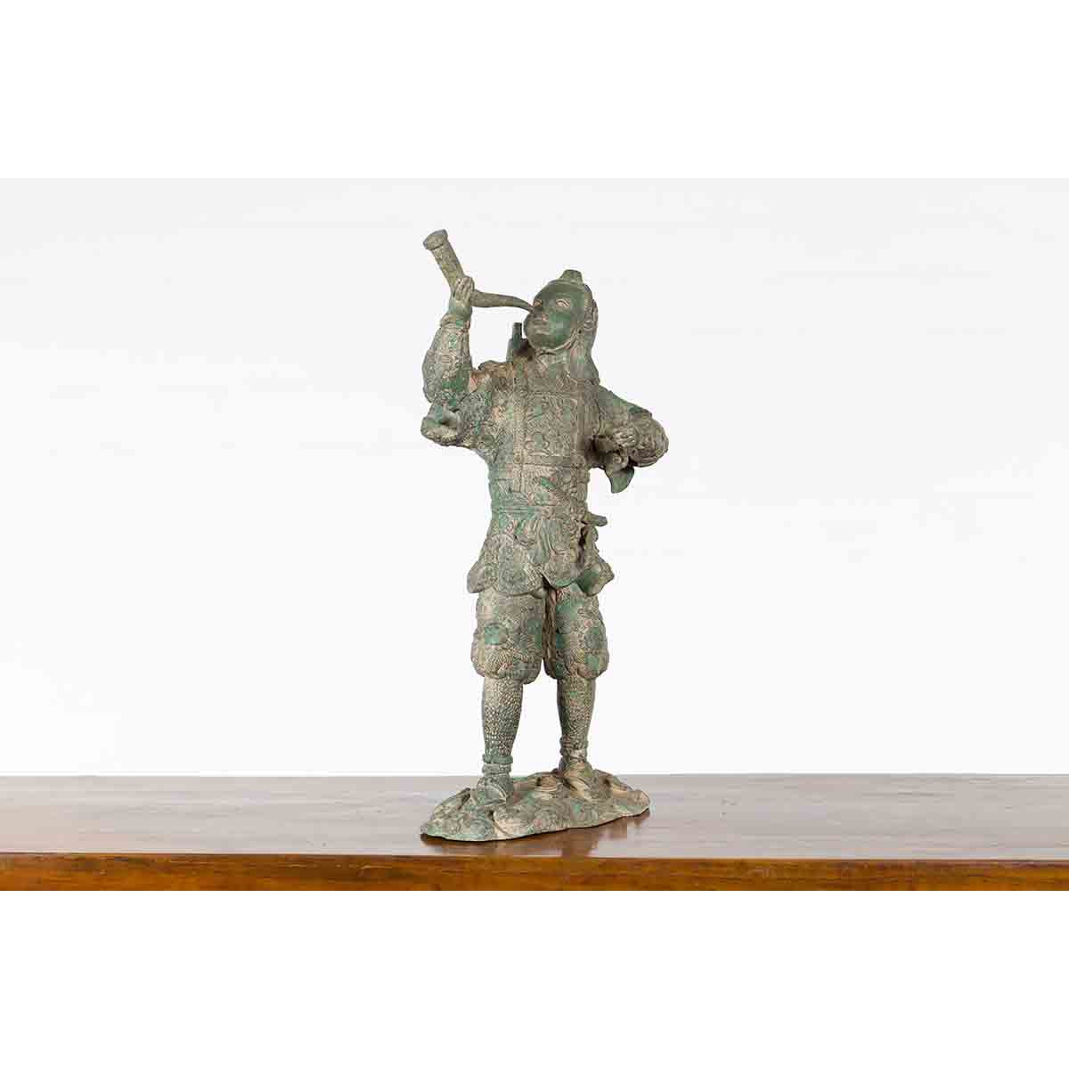 Vintage Lost Wax Cast Verde Bronze Statuette of a Soldier Holding a Horn-10. Asian &amp; Chinese Furniture, Art, Antiques, Vintage Home Décor for sale at FEA Home