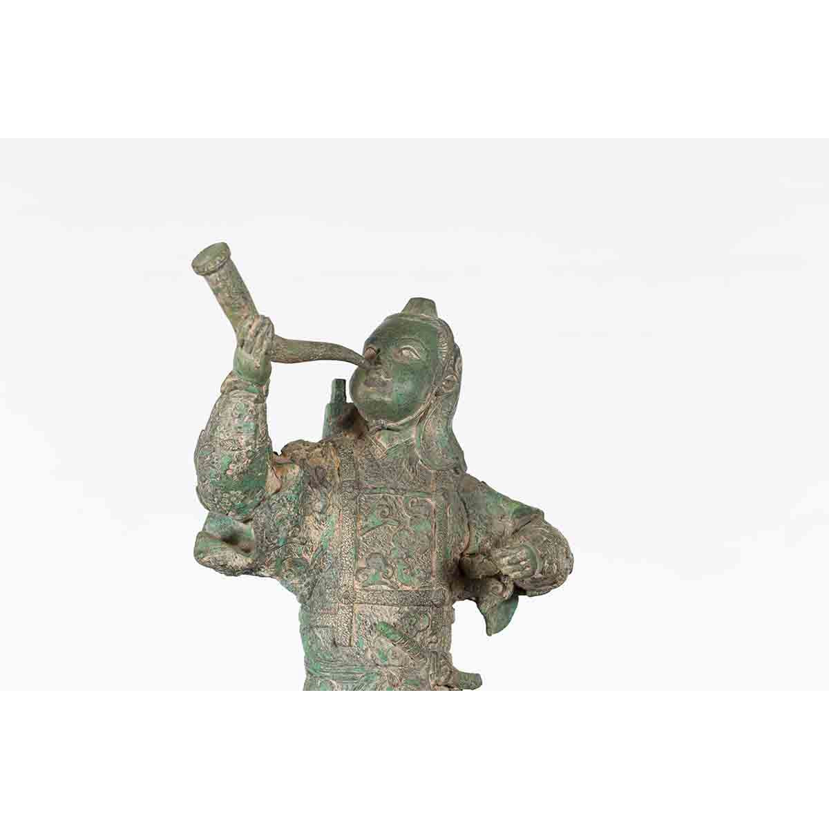 Vintage Lost Wax Cast Verde Bronze Statuette of a Soldier Holding a Horn-12. Asian &amp; Chinese Furniture, Art, Antiques, Vintage Home Décor for sale at FEA Home