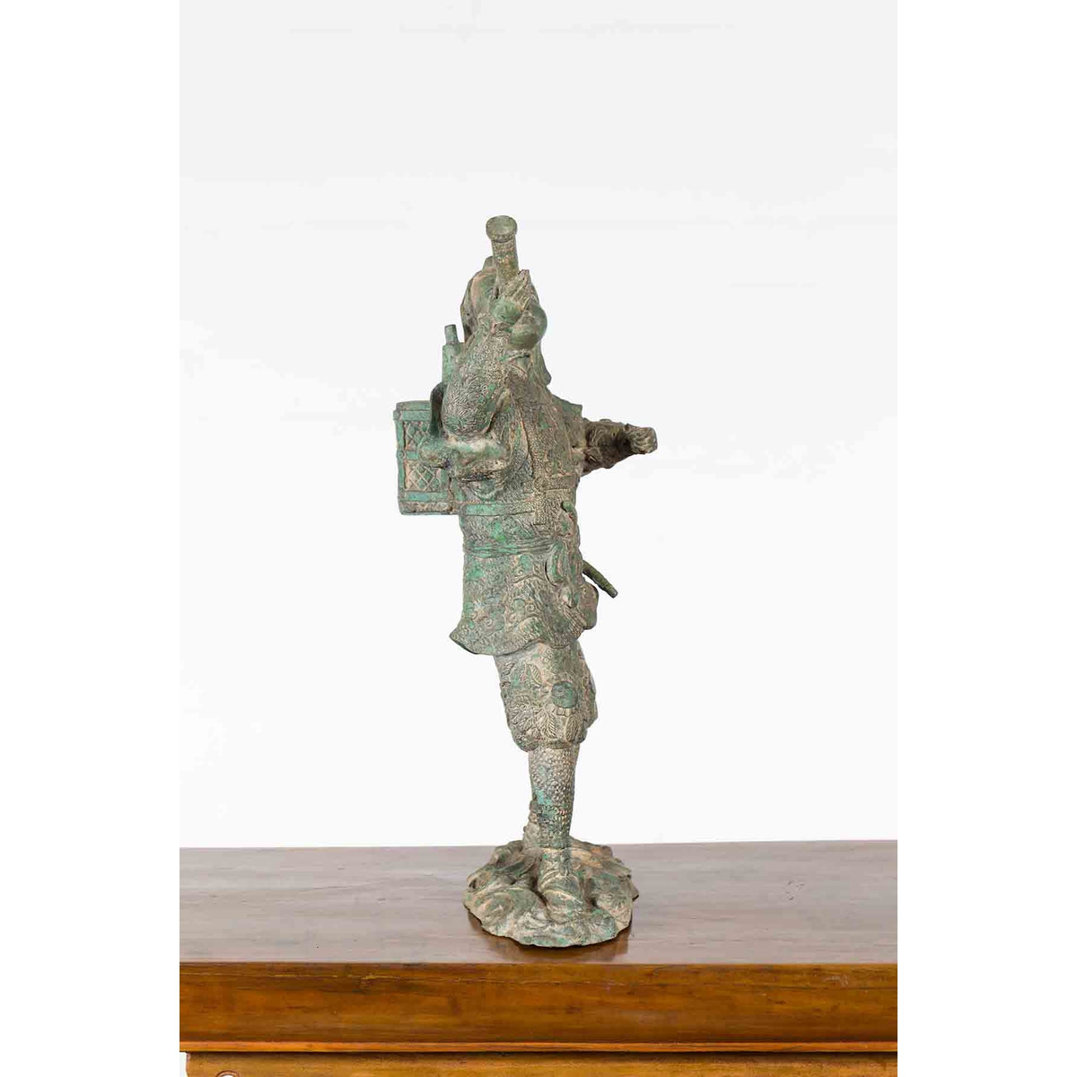 Vintage Lost Wax Cast Verde Bronze Statuette of a Soldier Holding a Horn-13. Asian &amp; Chinese Furniture, Art, Antiques, Vintage Home Décor for sale at FEA Home