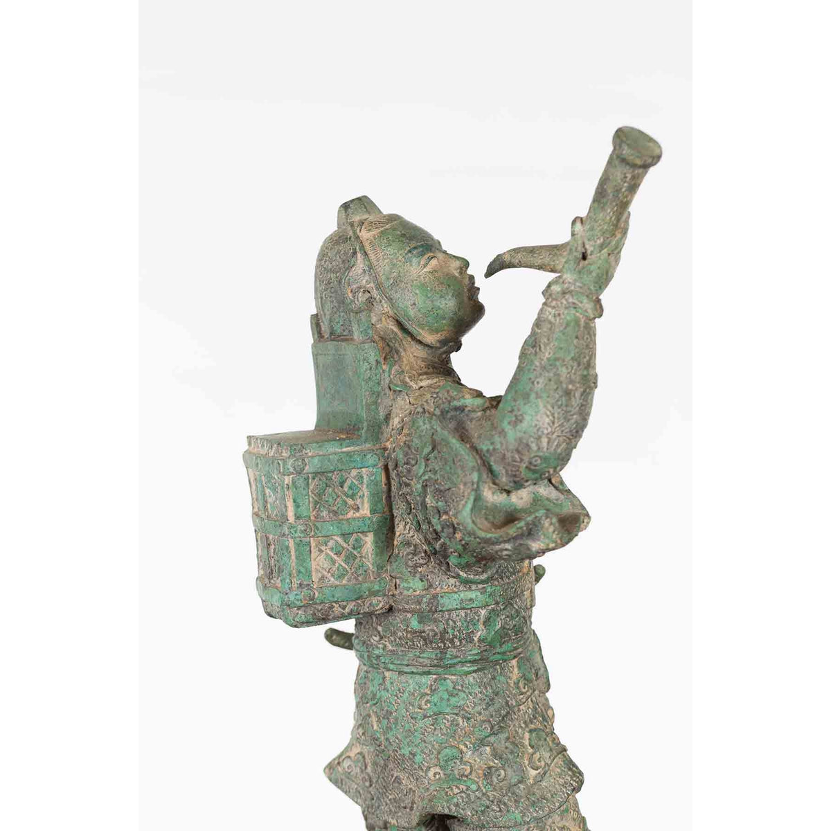 Vintage Lost Wax Cast Verde Bronze Statuette of a Soldier Holding a Horn-15. Asian &amp; Chinese Furniture, Art, Antiques, Vintage Home Décor for sale at FEA Home