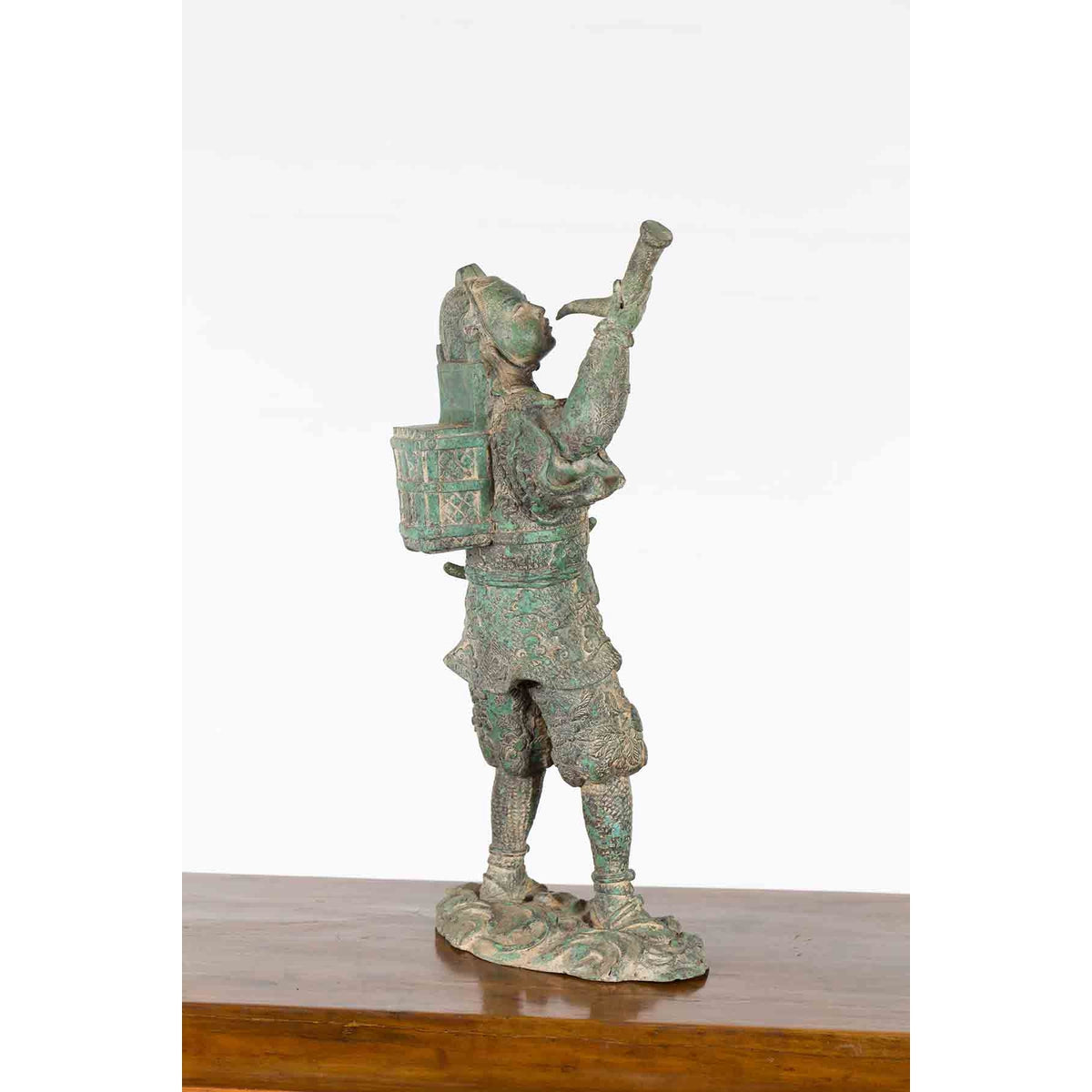 Vintage Lost Wax Cast Verde Bronze Statuette of a Soldier Holding a Horn-16. Asian &amp; Chinese Furniture, Art, Antiques, Vintage Home Décor for sale at FEA Home