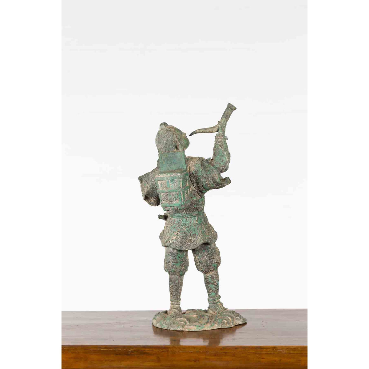 Vintage Lost Wax Cast Verde Bronze Statuette of a Soldier Holding a Horn-17. Asian &amp; Chinese Furniture, Art, Antiques, Vintage Home Décor for sale at FEA Home