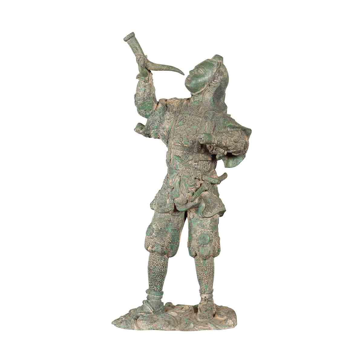 Vintage Lost Wax Cast Verde Bronze Statuette of a Soldier Holding a Horn-11. Asian &amp; Chinese Furniture, Art, Antiques, Vintage Home Décor for sale at FEA Home