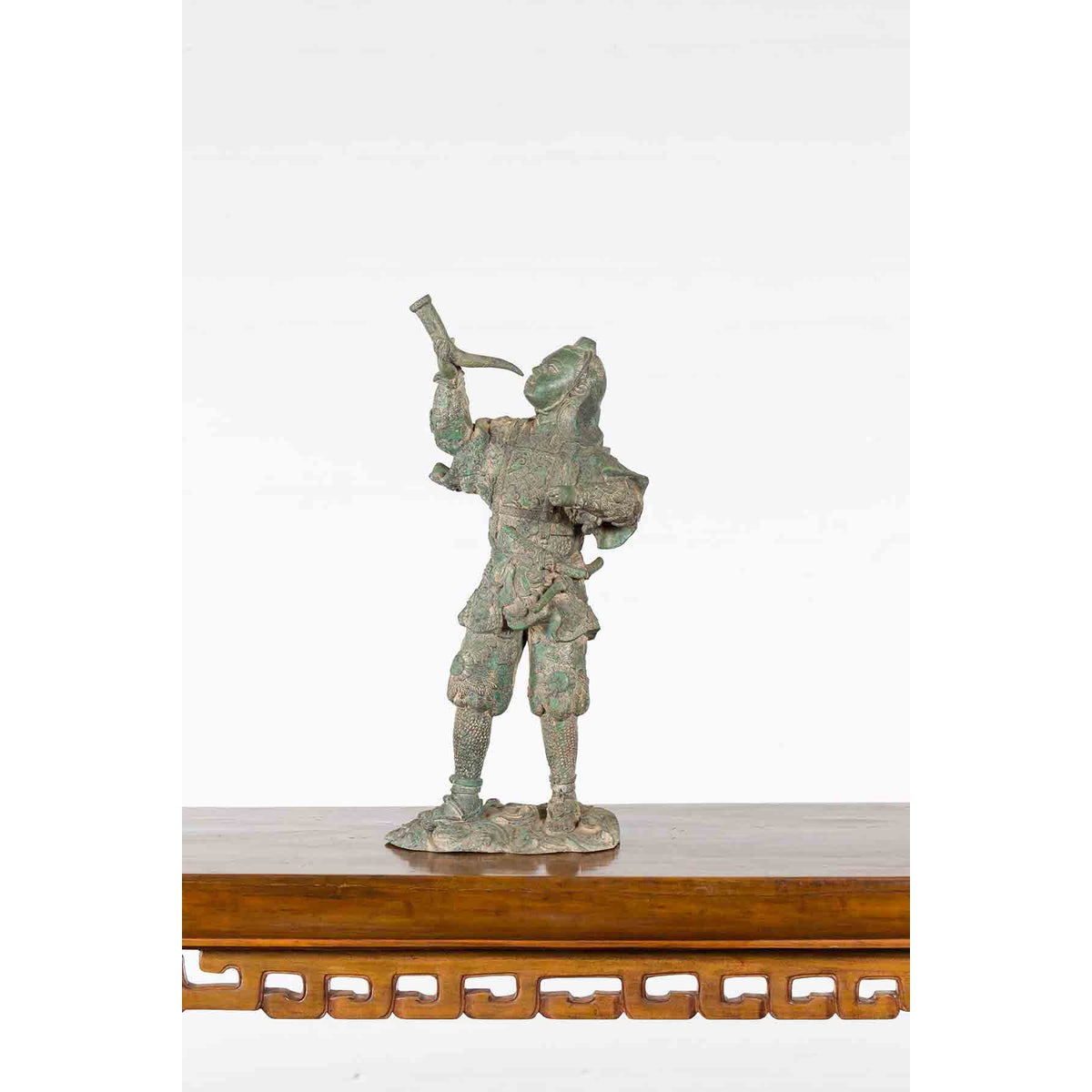 Vintage Lost Wax Cast Verde Bronze Statuette of a Soldier Holding a Horn-2. Asian & Chinese Furniture, Art, Antiques, Vintage Home Décor for sale at FEA Home