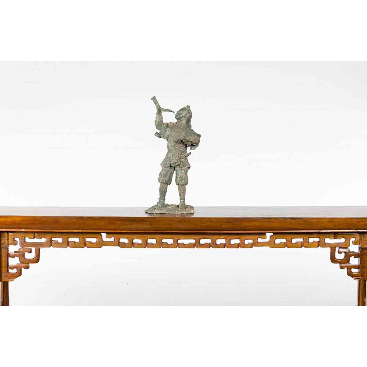 Vintage Lost Wax Cast Verde Bronze Statuette of a Soldier Holding a Horn-3. Asian &amp; Chinese Furniture, Art, Antiques, Vintage Home Décor for sale at FEA Home