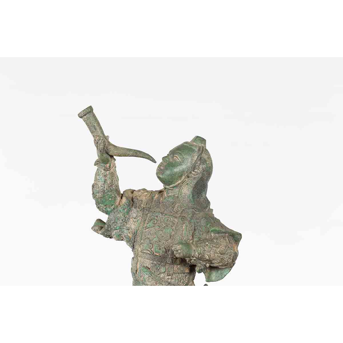 Vintage Lost Wax Cast Verde Bronze Statuette of a Soldier Holding a Horn-4. Asian &amp; Chinese Furniture, Art, Antiques, Vintage Home Décor for sale at FEA Home