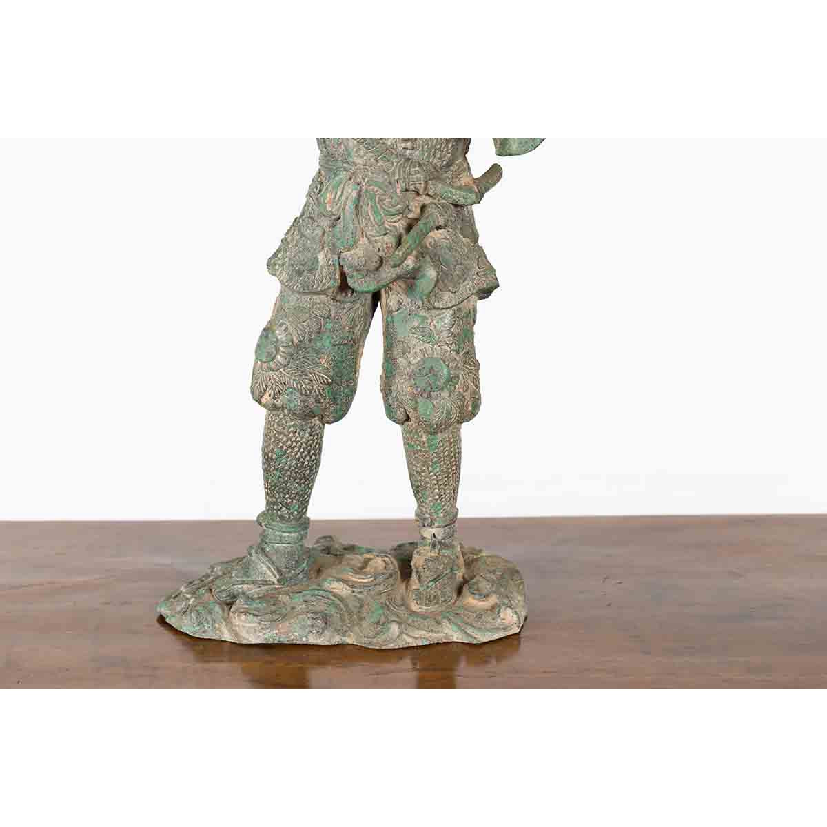 Vintage Lost Wax Cast Verde Bronze Statuette of a Soldier Holding a Horn-6. Asian &amp; Chinese Furniture, Art, Antiques, Vintage Home Décor for sale at FEA Home