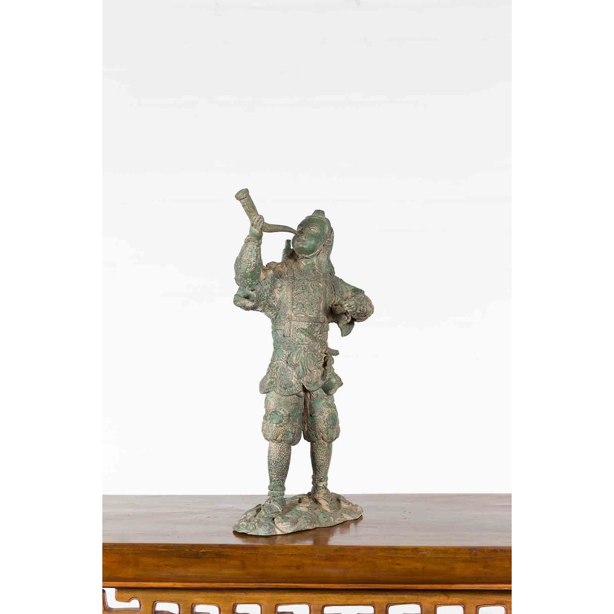 Vintage Lost Wax Cast Verde Bronze Statuette of a Soldier Holding a Horn-9. Asian &amp; Chinese Furniture, Art, Antiques, Vintage Home Décor for sale at FEA Home