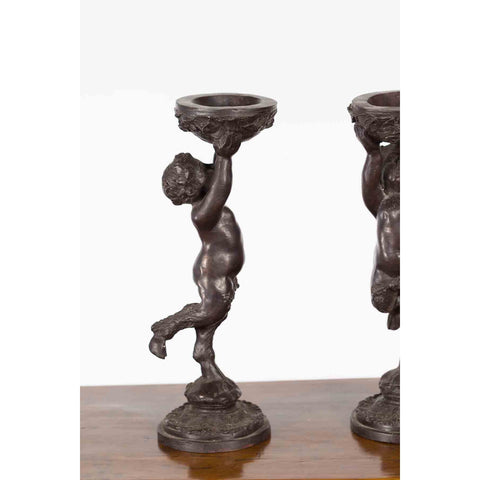 Pair of Bronze Greco-Roman Style Satyr Candle Holders
