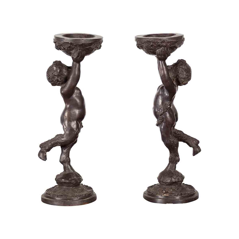 Greco-Roman Style Bronze Candle Holders Depicting Young Satyrs Holding Vessels- Asian Antiques, Vintage Home Decor & Chinese Furniture - FEA Home