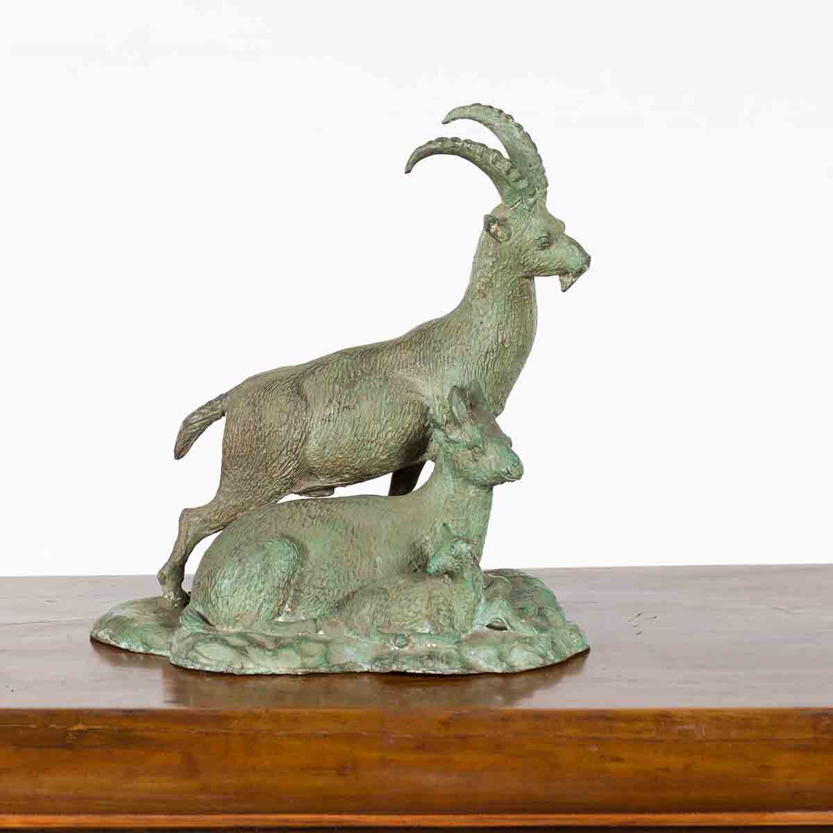 Vintage Lost Wax Cast Bronze Family of Ibex Sculpture with Verde Patina-2. Asian & Chinese Furniture, Art, Antiques, Vintage Home Décor for sale at FEA Home