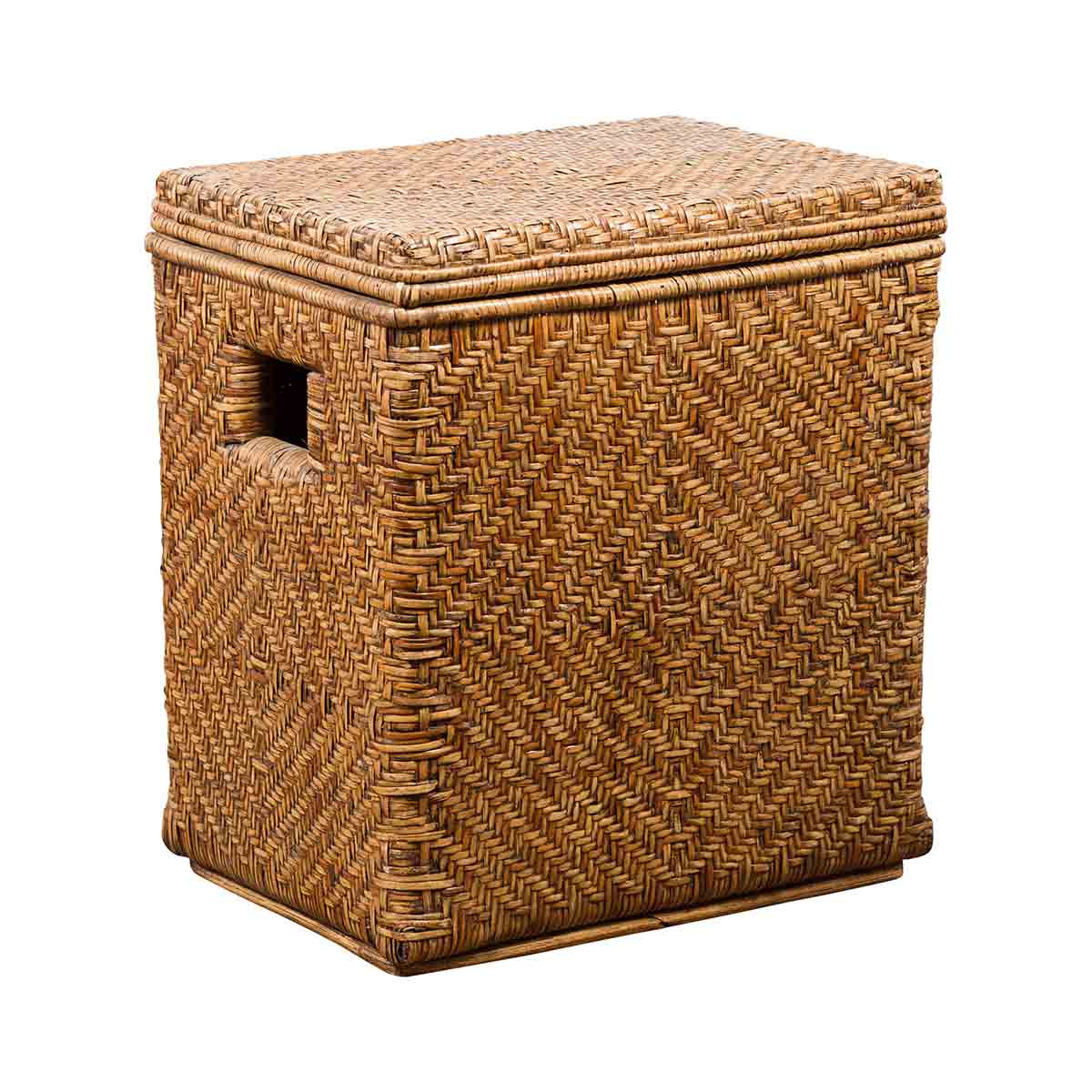 Vintage Burmese Hand-Woven Rattan over Wood Basket Hamper with Pierced Handles-1. Asian & Chinese Furniture, Art, Antiques, Vintage Home Décor for sale at FEA Home