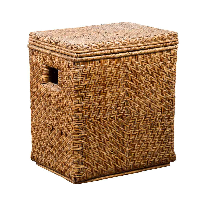 Vintage Burmese Hand-Woven Rattan over Wood Basket Hamper with Pierced Handles-YN7373-1. Asian & Chinese Furniture, Art, Antiques, Vintage Home Décor for sale at FEA Home