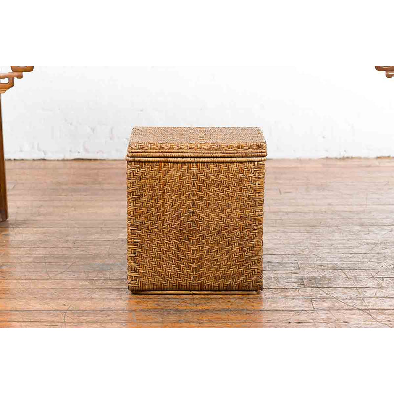 Vintage Burmese Hand-Woven Rattan over Wood Basket Hamper with Pierced Handles-YN7373-4. Asian & Chinese Furniture, Art, Antiques, Vintage Home Décor for sale at FEA Home