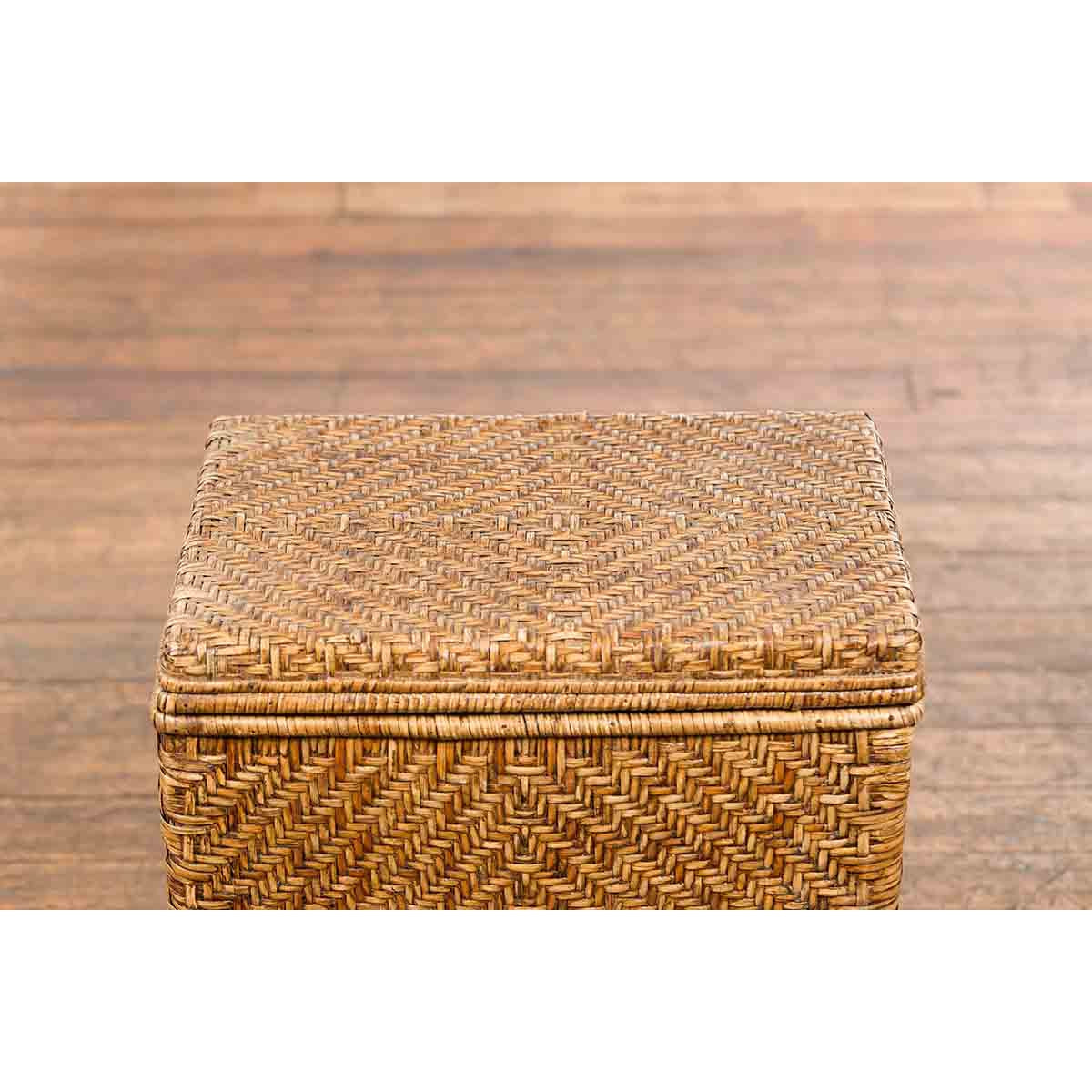 Vintage Burmese Hand-Woven Rattan over Wood Basket Hamper with Pierced Handles-5. Asian &amp; Chinese Furniture, Art, Antiques, Vintage Home Décor for sale at FEA Home