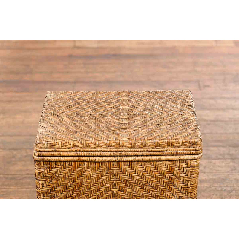Vintage Burmese Hand-Woven Rattan over Wood Basket Hamper with Pierced Handles