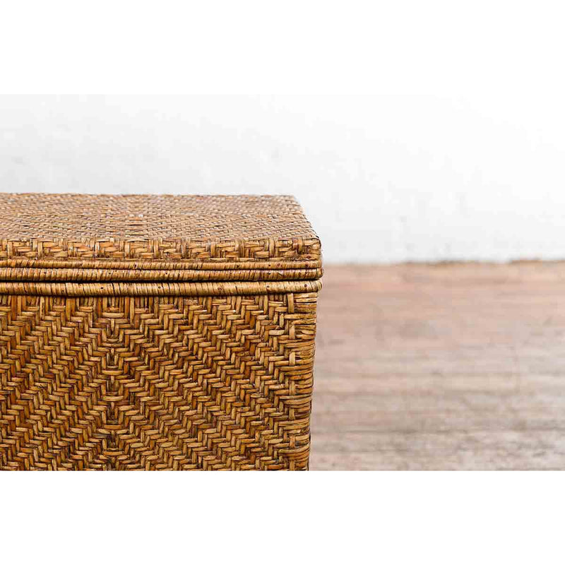 Vintage Burmese Hand-Woven Rattan over Wood Basket Hamper with Pierced Handles