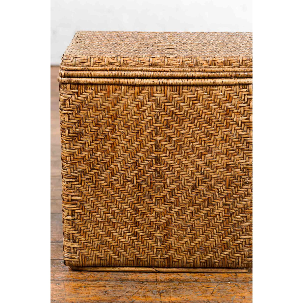 Vintage Burmese Hand-Woven Rattan over Wood Basket Hamper with Pierced Handles-9. Asian &amp; Chinese Furniture, Art, Antiques, Vintage Home Décor for sale at FEA Home